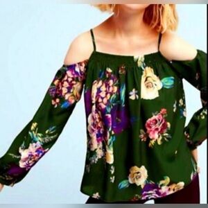 Anthropologie  Maeve Green Long Sleeve Cut-Out Blouse